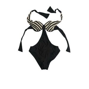 Black One-Piece Cutout Swimsuit with Striped Cups